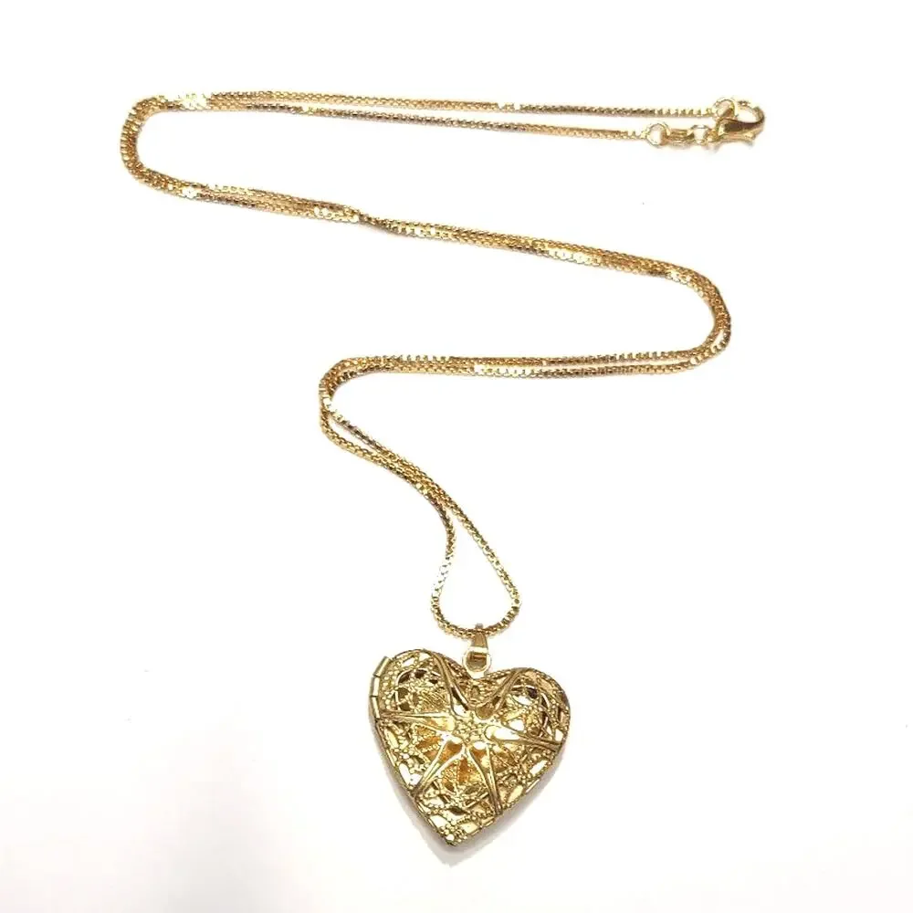 Gold Plated Silver Necklace Heart Locket Star Lattice Valentines Birthday Gift